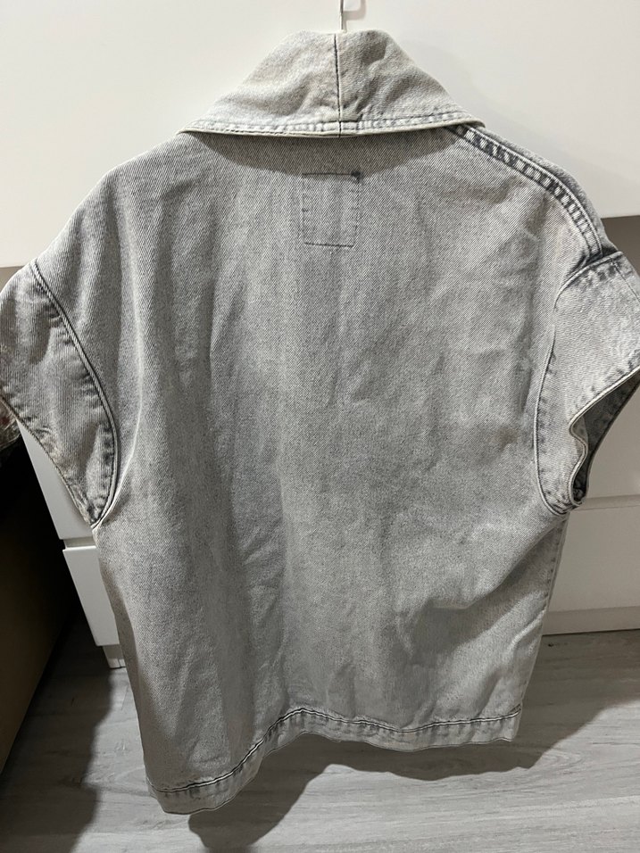 Gri Kadın oversize Denim Ceket Düğmeli Midi Boy - Görsel 3