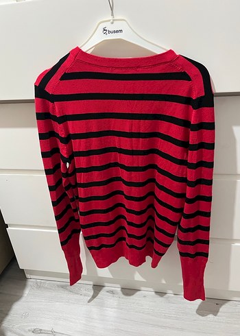 DİLVİN Kırmızı Siyah Çizgili Kadın Triko Kazak - Görsel 2