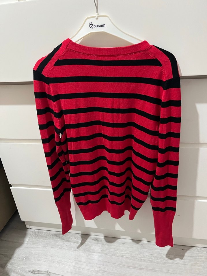 DİLVİN Kırmızı Siyah Çizgili Kadın Triko Kazak - Görsel 2