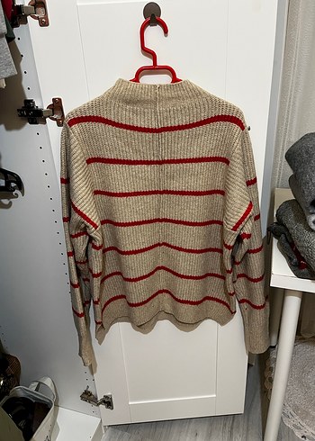 Mango dik yaka Çizgili Kahverengi Kadın Yün Kazak - Görsel 2