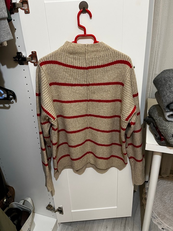 Mango dik yaka Çizgili Kahverengi Kadın Yün Kazak - Görsel 2