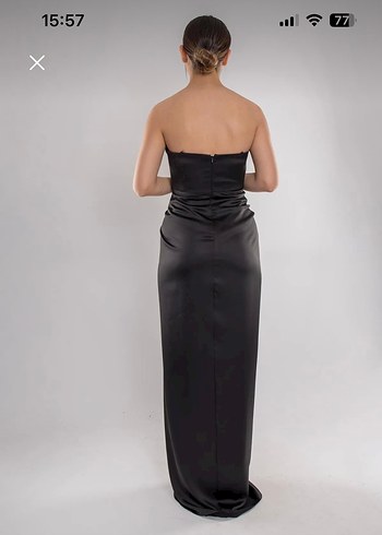 Doridorca Siyah Straplez saten Uzun Abiye Elbise - Görsel 3