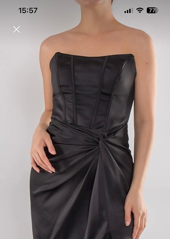 Doridorca Siyah Straplez saten Uzun Abiye Elbise - Görsel 2