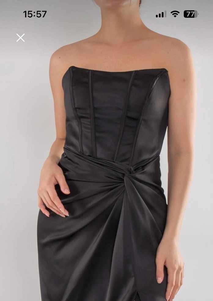 Doridorca Siyah Straplez saten Uzun Abiye Elbise - Görsel 2