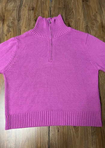 Pembe Yarım Fermuarlı Yüksek Yakalı Kadın Kazak