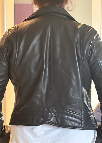 Siyah Deri Biker Ceket, Fermuarlı, Normal Boy - Görsel 2