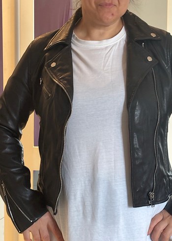 Siyah Deri Biker Ceket, Fermuarlı, Normal Boy - Görsel 3