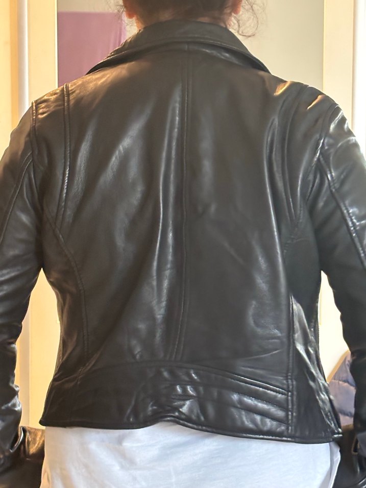 Siyah Deri Biker Ceket, Fermuarlı, Normal Boy - Görsel 2