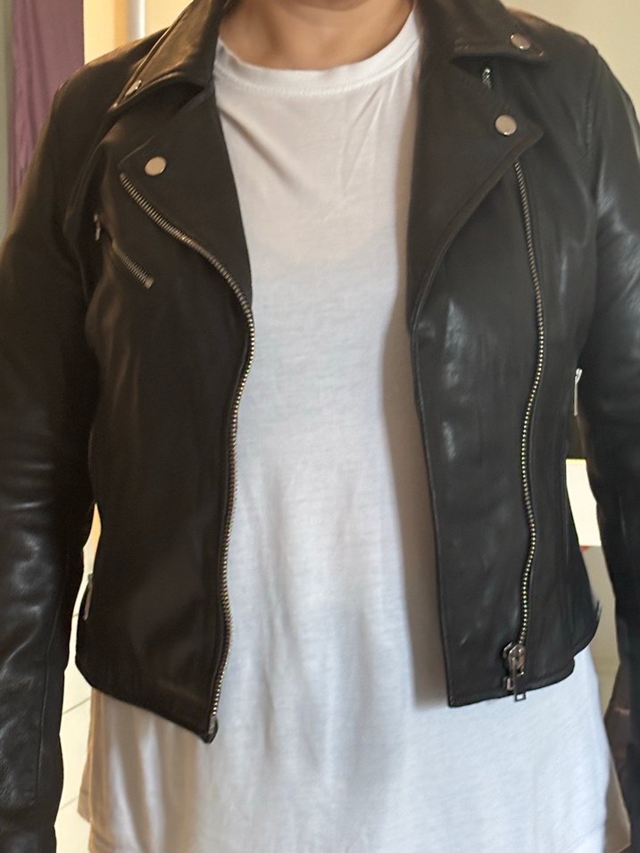 Siyah Deri Biker Ceket, Fermuarlı, Normal Boy - Görsel 4