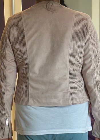 Bej Süet Düğmeli Kadın Deri Ceket Pudra pembe - Görsel 3