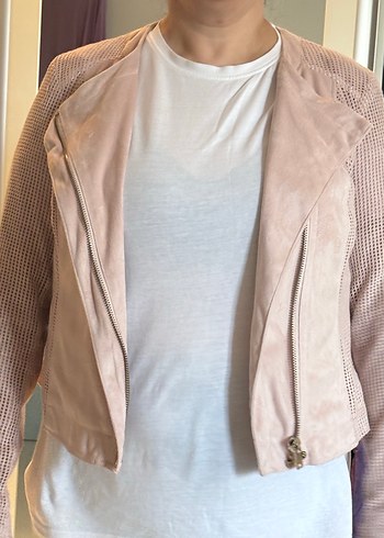 Bej Süet Düğmeli Kadın Deri Ceket Pudra pembe - Görsel 5