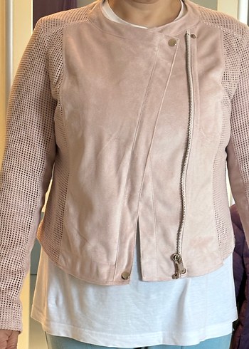 Bej Süet Düğmeli Kadın Deri Ceket Pudra pembe - Görsel 4