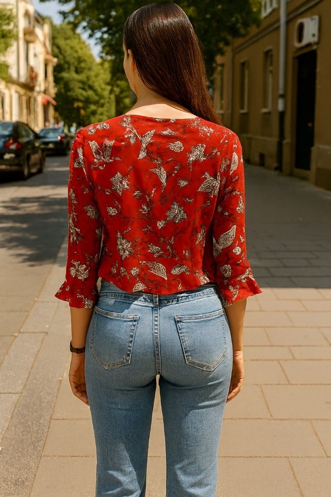 Kırmızı V Yaka Düğmeli Denim Bluz - Görsel 2