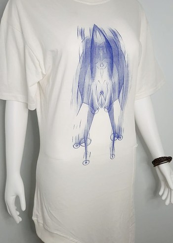 Beyaz Baskılı Pamuklu Salaş Elbise - Görsel 6