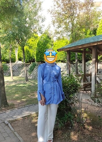 m Beden Mavi saten taşlı gömlek MIZALLE