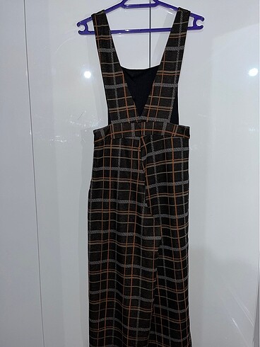 kahverengi kareli salopet - Görsel 3