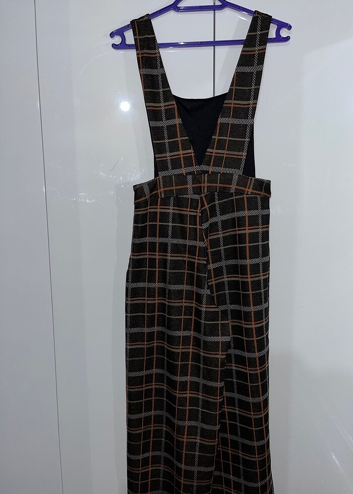 kahverengi kareli salopet - Görsel 3