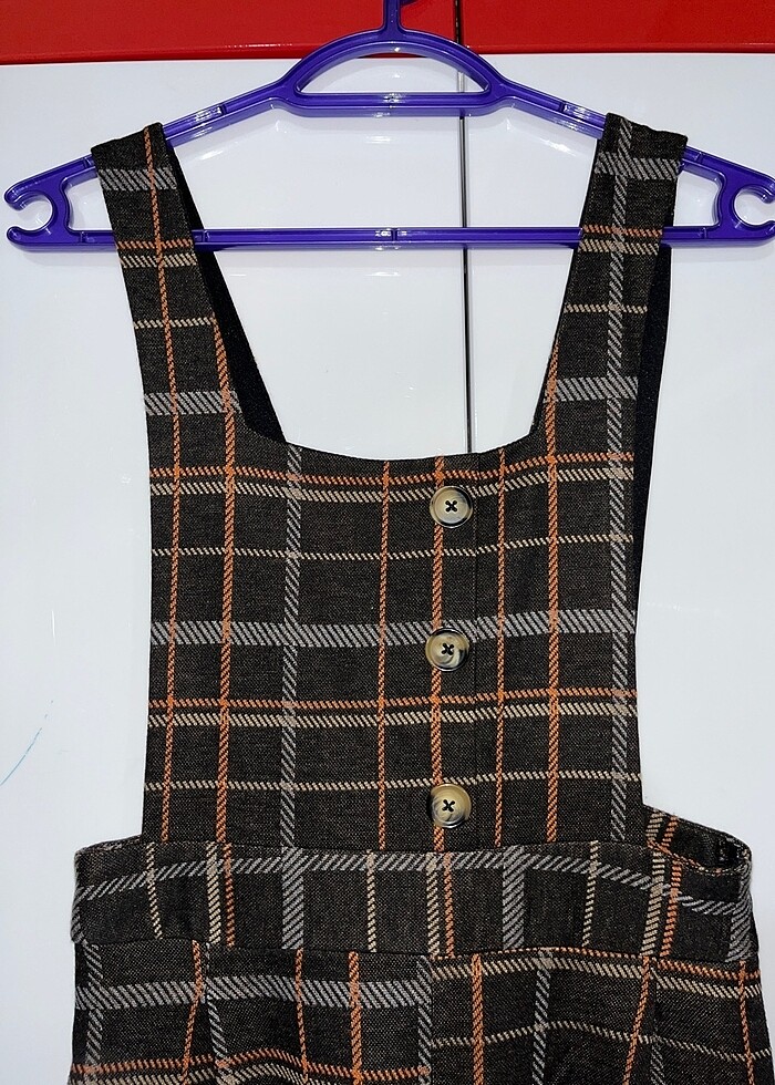 kahverengi kareli salopet - Görsel 2