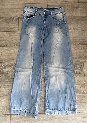 Diğer Kadın Gri Mavi Düğmeli Bol Kesim Denim Pantolon