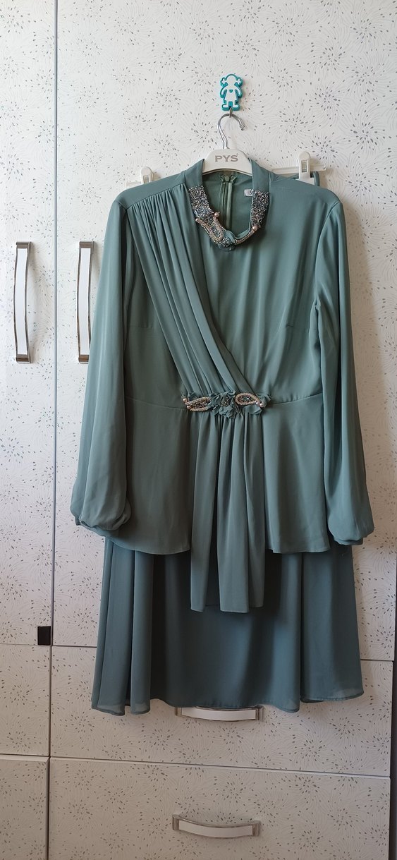 Turkuaz Drapeli Uzun Abiye Elbise - Görsel 5