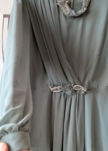 Uzun Kol Drapeli Turkuaz Abiye Elbise - Görsel 2