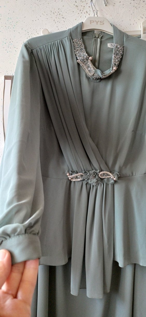 Uzun Kol Drapeli Turkuaz Abiye Elbise - Görsel 2