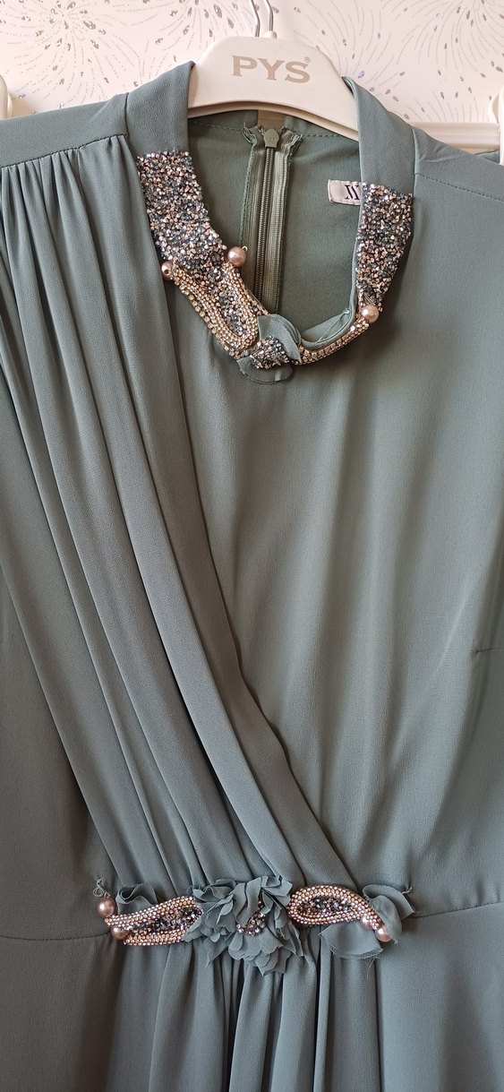 Uzun Kol Drapeli Turkuaz Abiye Elbise - Görsel 3