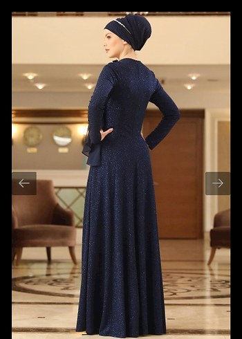 Lacivert Uzun Kollu Drapeli Kadın Abiye Elbise - Görsel 4