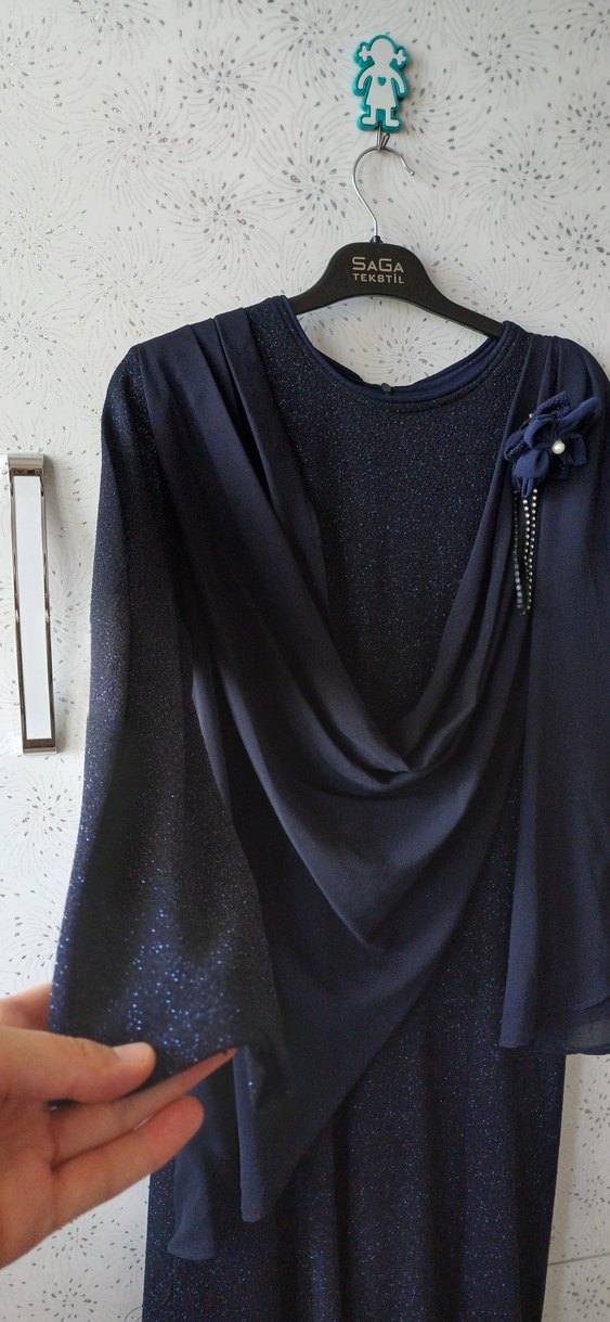 Lacivert Uzun Kollu Drapeli Kadın Abiye Elbise - Görsel 2