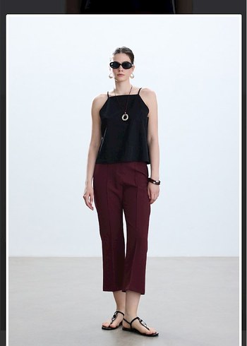 Bordo Midi Kadın Kumaş Pantolon Flare Beblue Manuka Zara Hm - Görsel 2