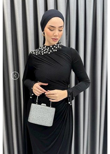 Uzun Kollu Siyah Drapeli Abiye Elbise - Görsel 3