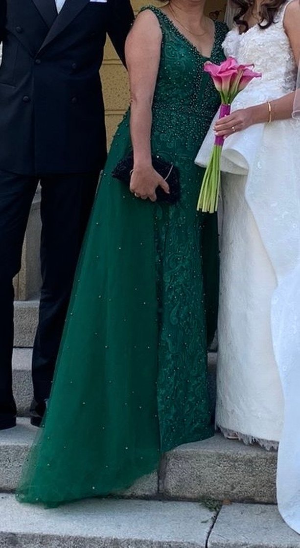 Koyu Yeşil Boncuk İşlemeli Tüllü Uzun Abiye Elbise - Görsel 2