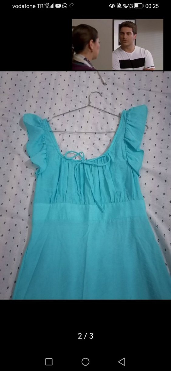 Turkuaz Fırfırlı Uzun Keten Elbise - Görsel 2