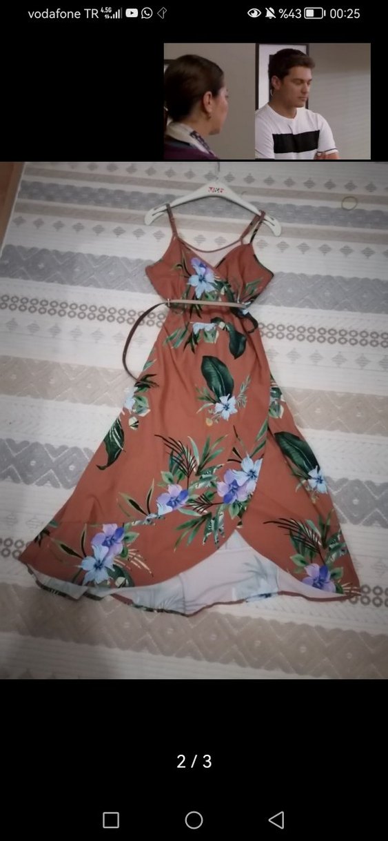 Kahverengi Çiçek Desenli Uzun Askılı Elbise - Görsel 2