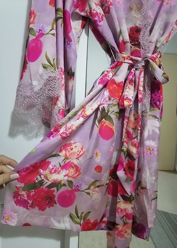 xs Beden pembe Renk Pembe Çiçek Desenli Bohem Midi Kadın Sabahlık