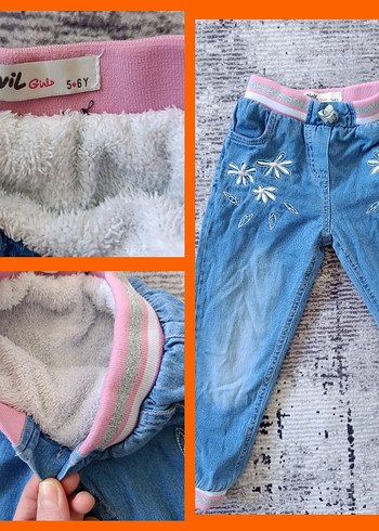 Civil Kiz Cocuk Mavi Nakisli Pelus Detayli Kot Pantolon