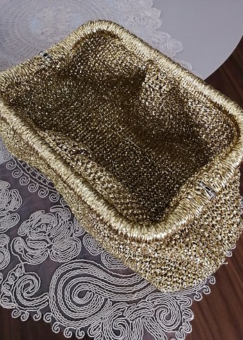 Zara Altın Renkli Örgü Vintage Kadın Clutch Çanta