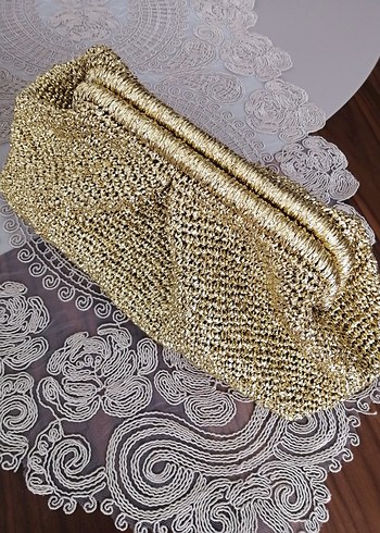 Beden Altın Renkli Örgü Vintage Kadın Clutch Çanta