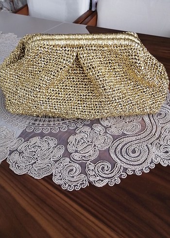 Altın Renkli Örgü Vintage Kadın Clutch Çanta