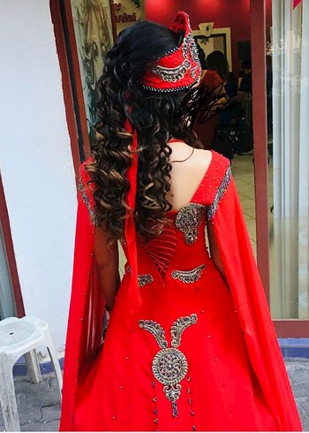 Kadın Kırmızı Uzun Straplez bindallı kına elbisesi - Görsel 2