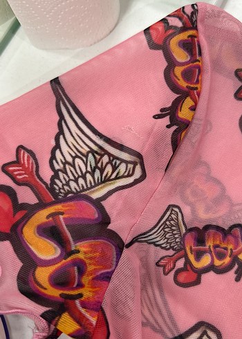 Renkli Baskılı Kız Tişörtü Dantel Detaylı - Görsel 3