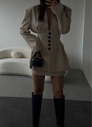 Diğer etek blazer takım bordo-krem