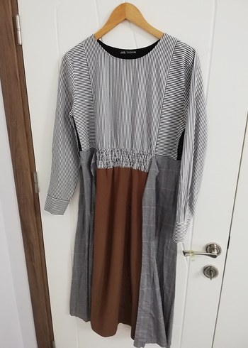 ZARA Uzun Kollu Gri ve Kahverengi Kadın Elbise - Görsel 19