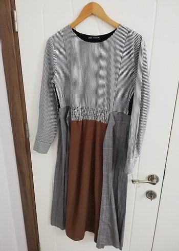 ZARA Uzun Kollu Gri ve Kahverengi Kadın Elbise - Görsel 11