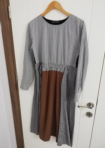 ZARA Uzun Kollu Gri ve Kahverengi Kadın Elbise - Görsel 7