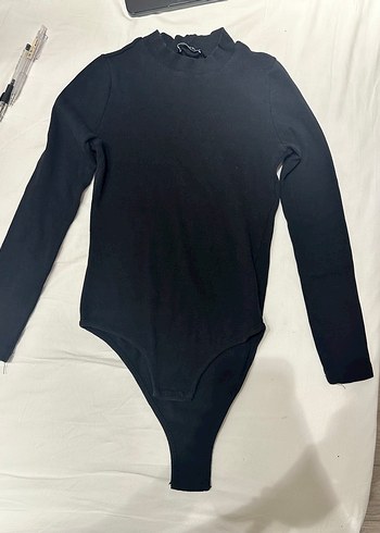 Siyah Çıtçıtlı Body Yüksek Yakalı Uzun Kollu