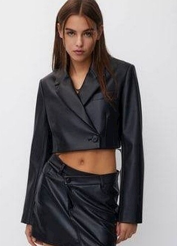 pull and bear suni deri crop blazer ceket 