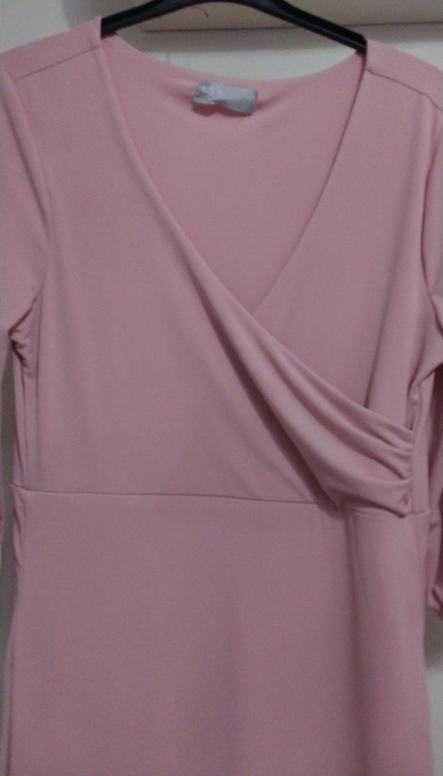 Pembe Drapeli Hamile Elbisesi, V Yakalı, Uzun - Görsel 4