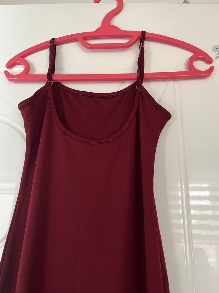 Bordo Uzun Drapeli Askılı Elbise - Görsel 2