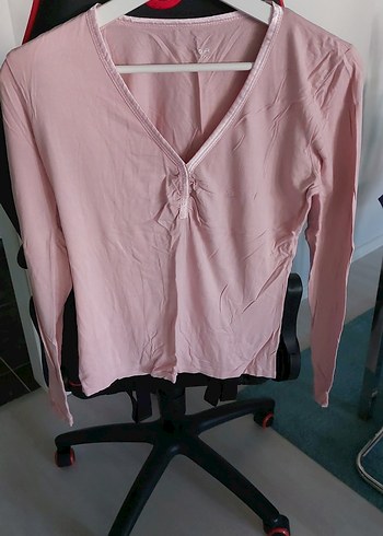 Pembe V Yaka Uzun Kollu Bluz